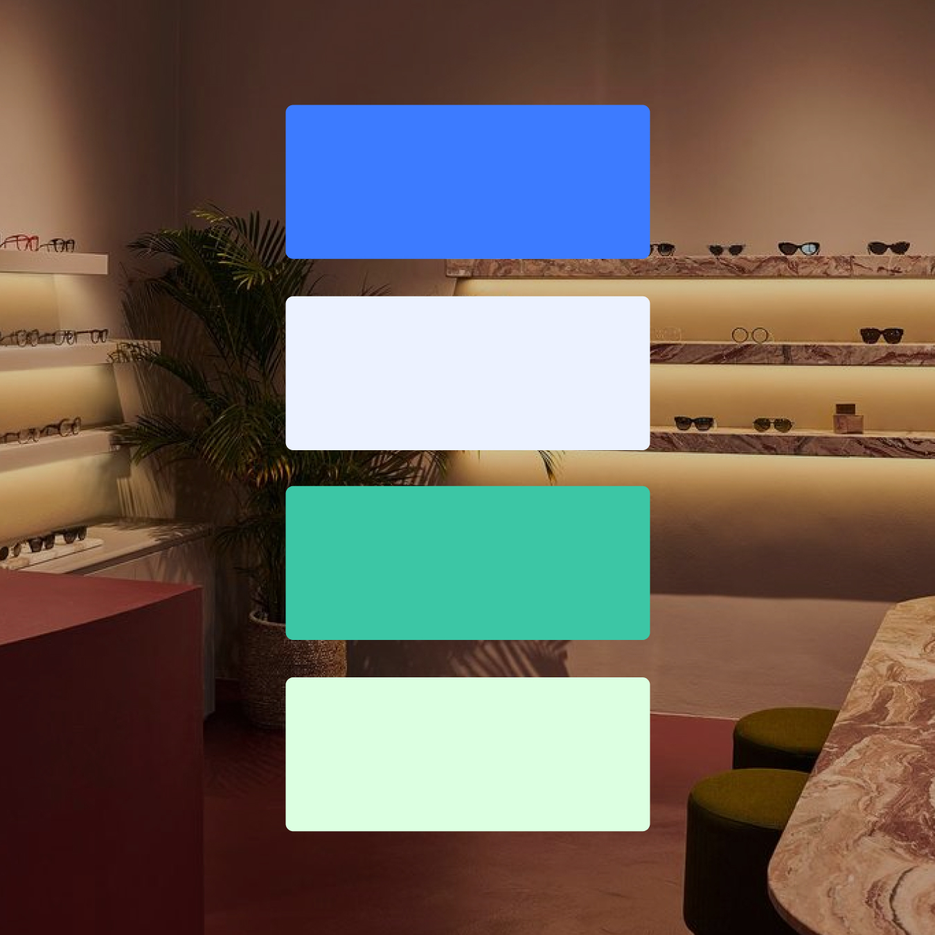 Couleurs Couleurs d'Optisuite. Bleu, bleu clair, vert, vert clair, noir, gris clair.