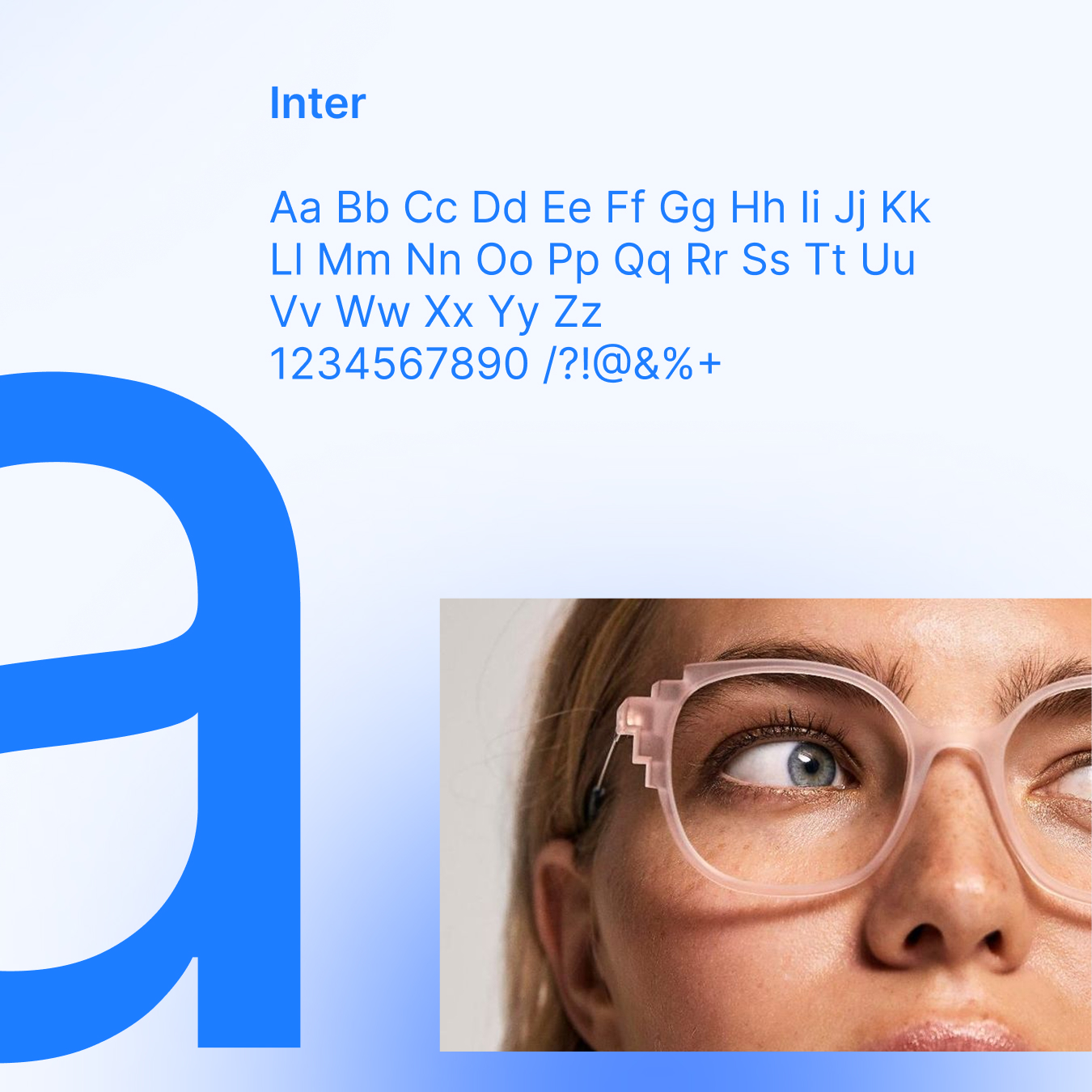 Typographie Visuel montrant la typographie "Inter" utilisée pour Optisuite. Accompagné d'une image d'une femme avec des lunettes.